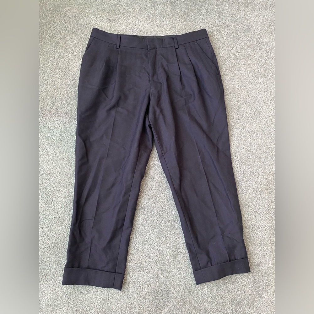 Dries Van Noten Navy Pleated Herringbone Wool Trousers